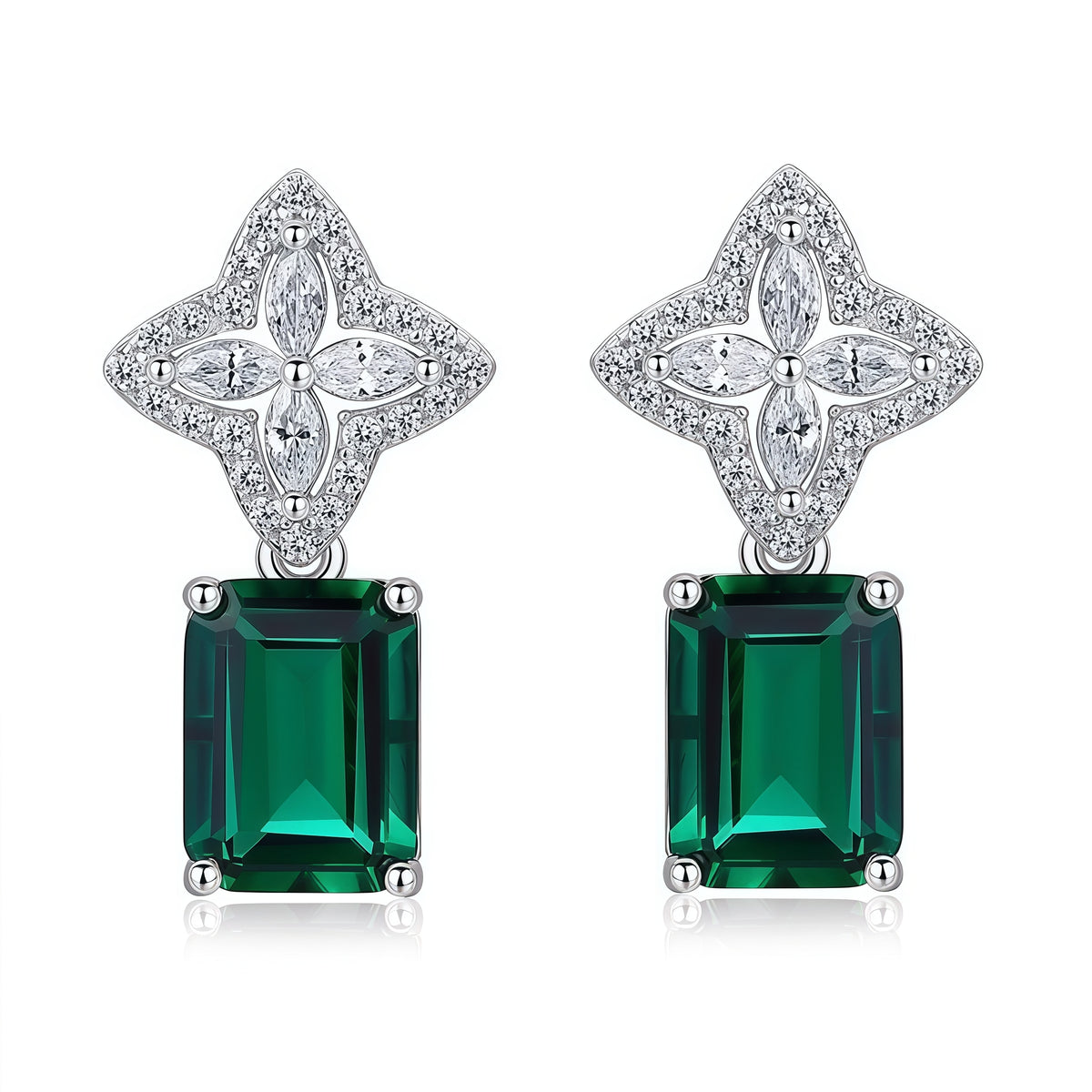 Premium Petal Luxe: Emerald-Cut Lab-Grown Emerald Floral Stud Earrings | 925 Silver