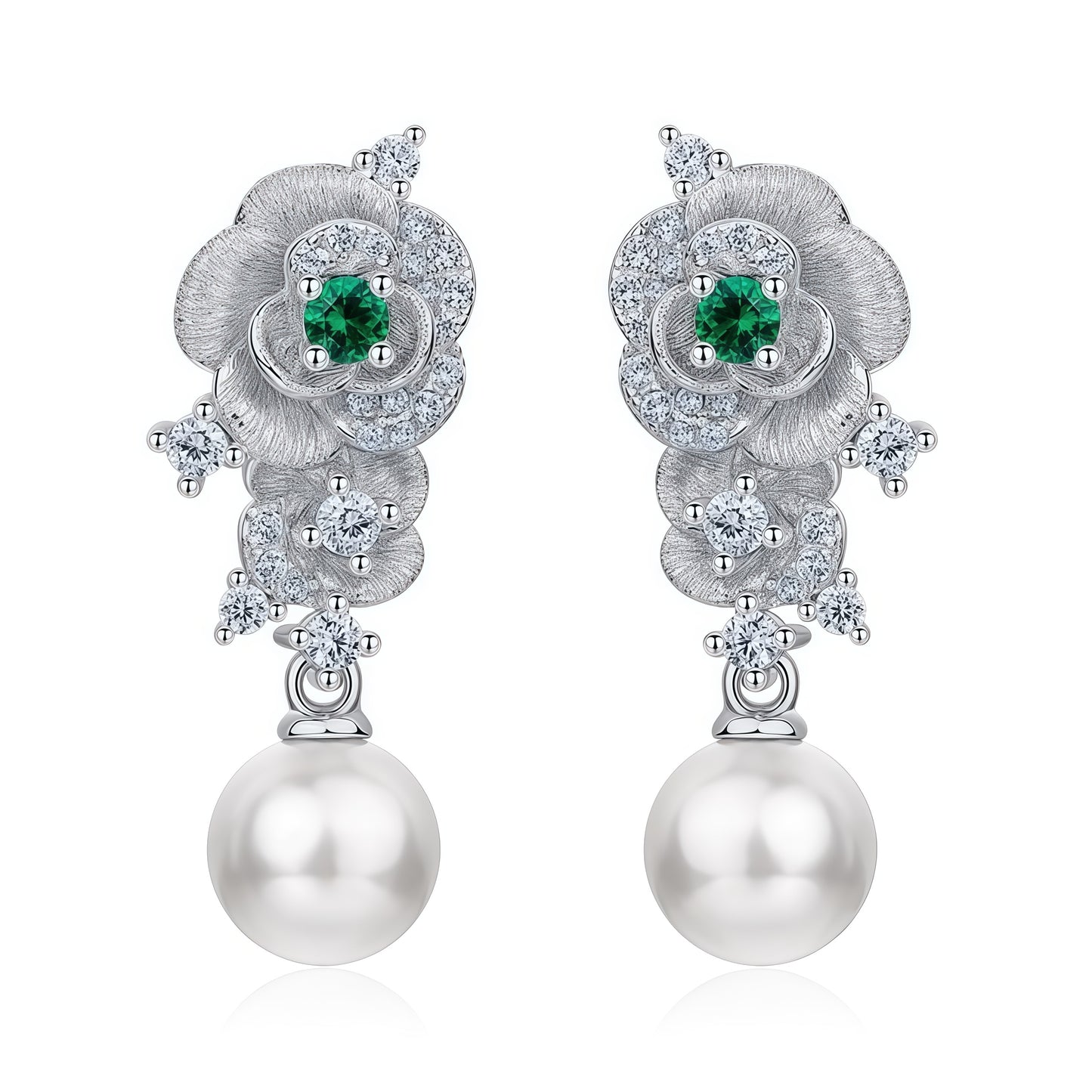 Premium Petal & Pearl: Hand-Finished Lab-Grown Emerald Flower Stud Earrings | 925 Silver