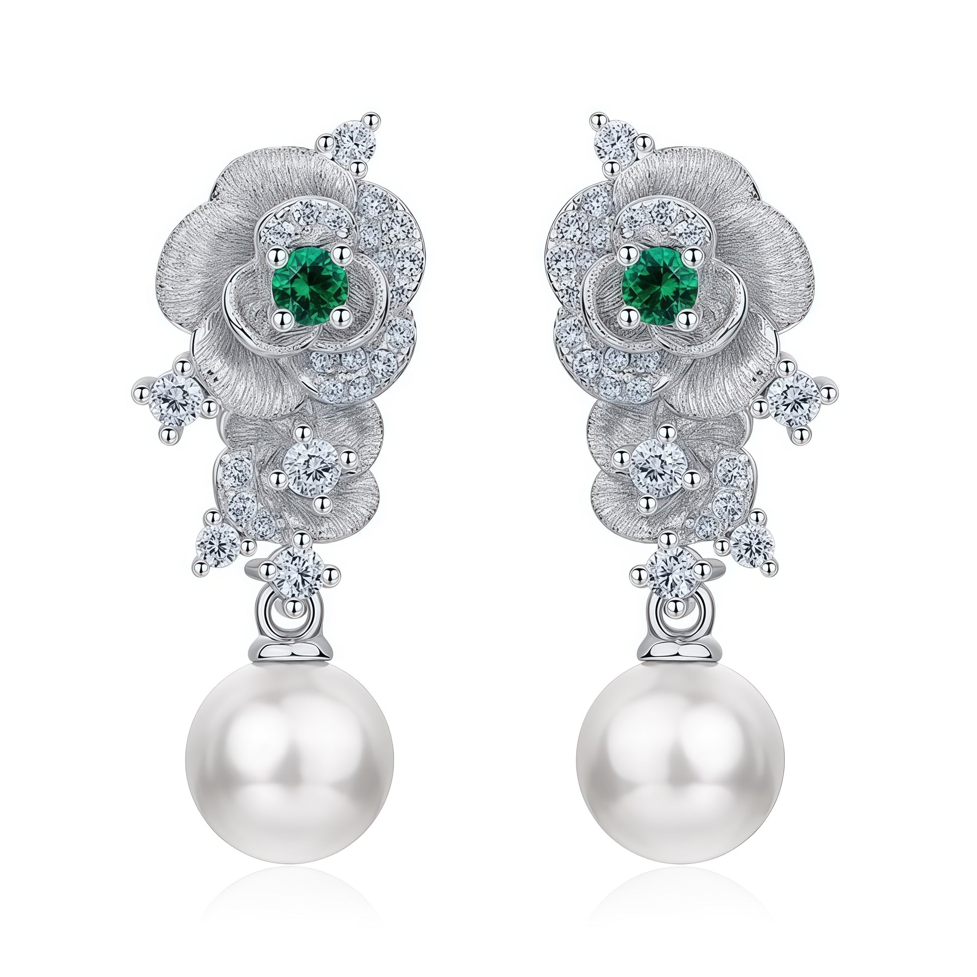 Premium Petal & Pearl: Hand-Finished Lab-Grown Emerald Flower Stud Earrings | 925 Silver