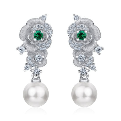 Premium Petal & Pearl: Hand-Finished Lab-Grown Emerald Flower Stud Earrings | 925 Silver