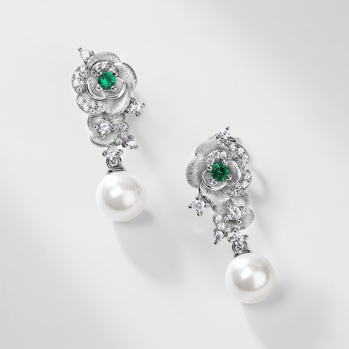 Premium Petal & Pearl: Hand-Finished Lab-Grown Emerald Flower Stud Earrings | 925 Silver