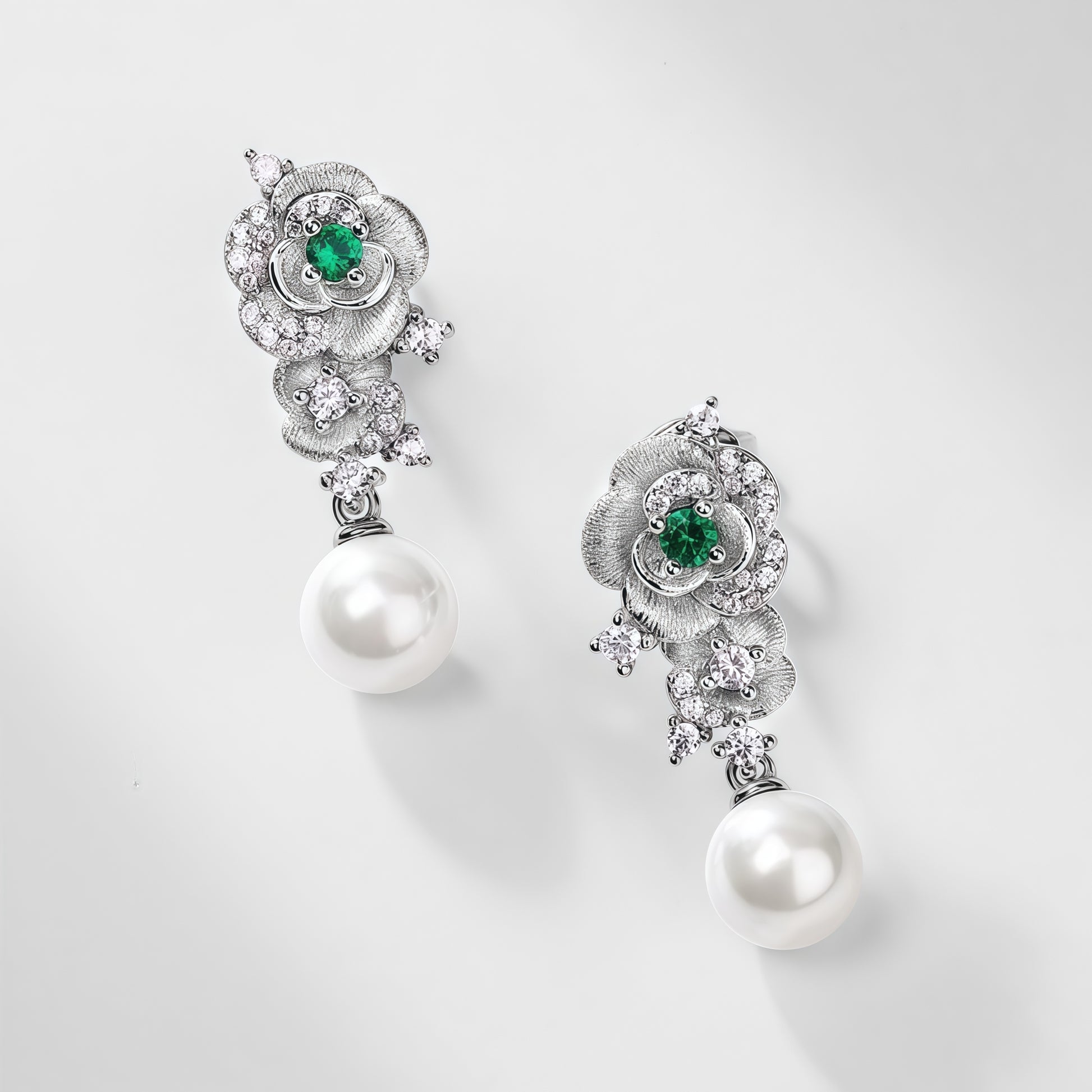 Premium Petal & Pearl: Hand-Finished Lab-Grown Emerald Flower Stud Earrings | 925 Silver