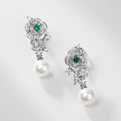 Premium Petal & Pearl: Hand-Finished Lab-Grown Emerald Flower Stud Earrings | 925 Silver