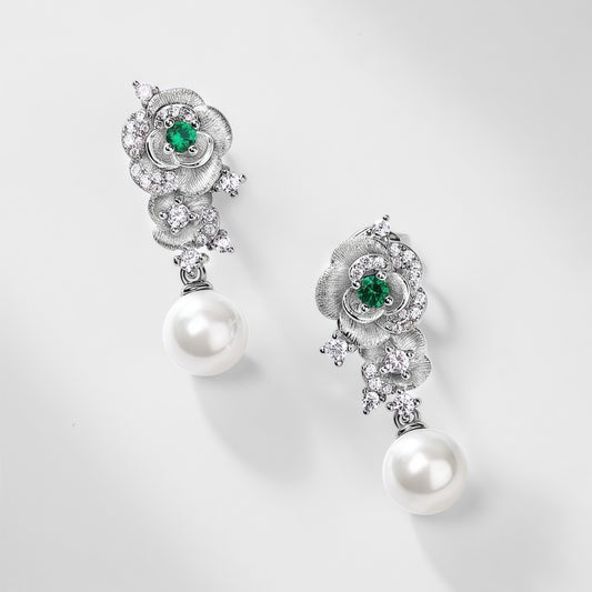 Petal & Pearl: Hand-Finished Lab-Grown Emerald Flower Stud Earrings | 925 Silver | Dapaza