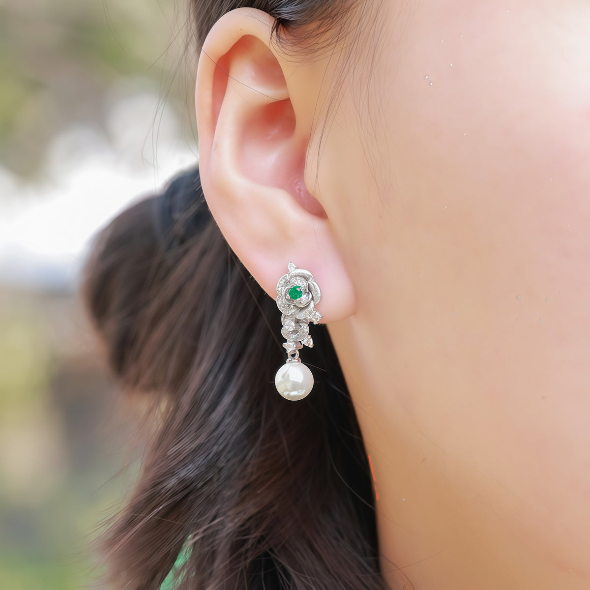Premium Petal & Pearl: Hand-Finished Lab-Grown Emerald Flower Stud Earrings | 925 Silver