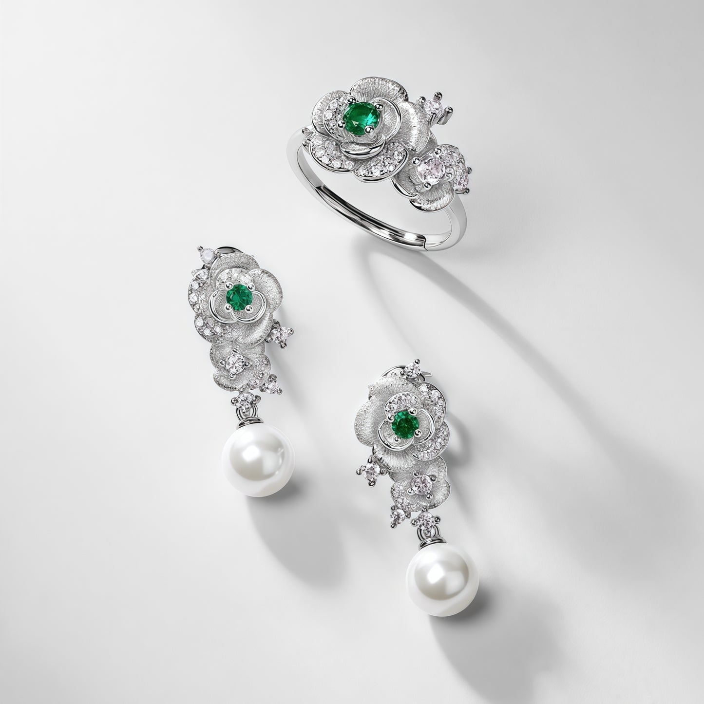 Premium Petal & Pearl: Hand-Finished Lab-Grown Emerald Flower Stud Earrings | 925 Silver