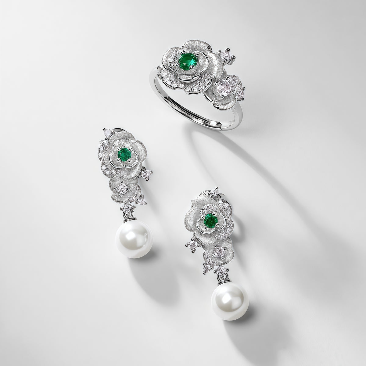 Premium Petal & Pearl: Hand-Finished Lab-Grown Emerald Flower Stud Earrings | 925 Silver