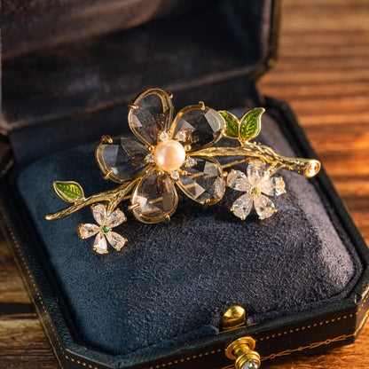 Freshwater Pearl & Gray Crystal Floral Brooch Pin