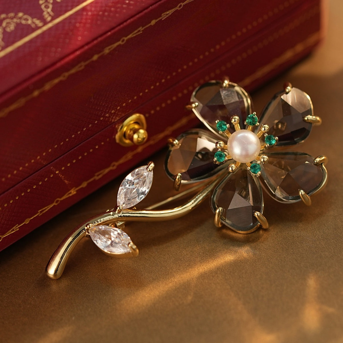 Freshwater Pearl & Gray Crystal Floral Brooch Pin