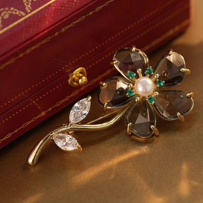 Freshwater Pearl & Gray Crystal Floral Brooch Pin