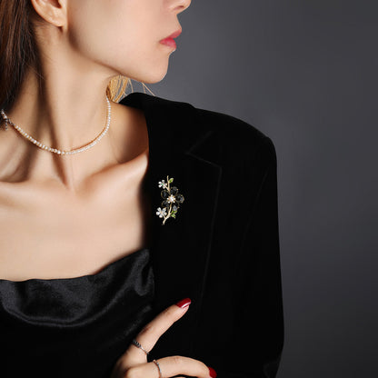 Freshwater Pearl & Gray Crystal Floral Brooch Pin