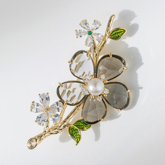 Freshwater Pearl & Gray Crystal Floral Brooch Pin