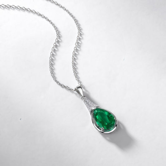 Premium Pure Grace: Teardrop Lab-Grown Emerald Solitaire Necklace | 925 Silver