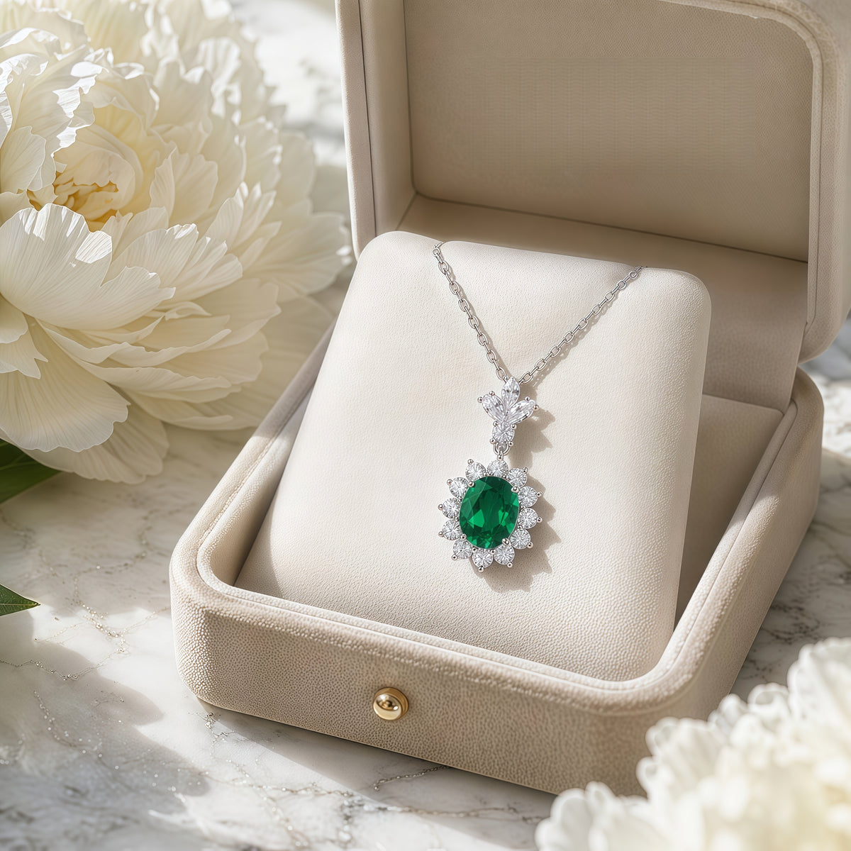 Radiant Lab-Grown Emerald Sunflower Pendant Necklace - 925 Sterling Silver - Dapaza Jewelry