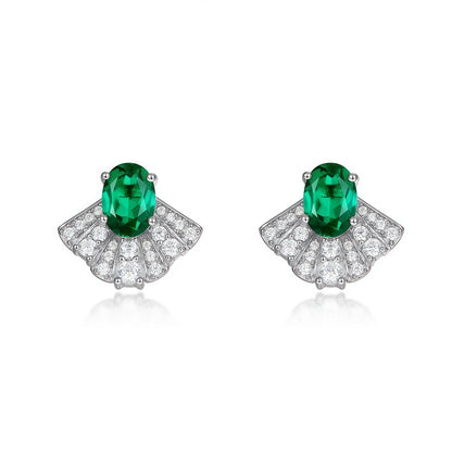 Lab-Grown Emerald Geometric Stud Earrings - 925 Silver - Dapaza