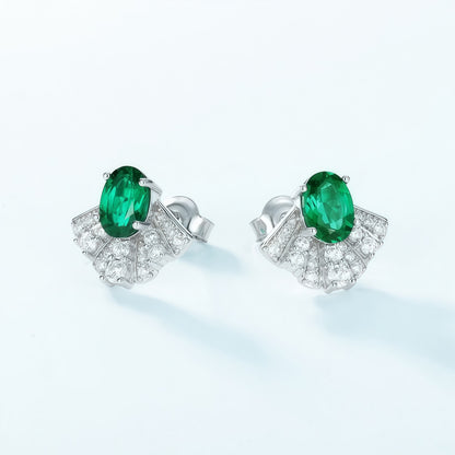 Lab-Grown Emerald Geometric Stud Earrings - 925 Silver - Dapaza