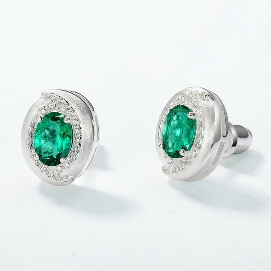 Retro Oval: Minimalist Lab-Grown Emerald Oval Stud Earrings | 925 Silver | Dapaza