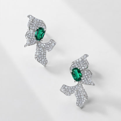 Premium Sculpted Bloom: 3D Floral Lab-Grown Emerald Earrings | 925 Silver
