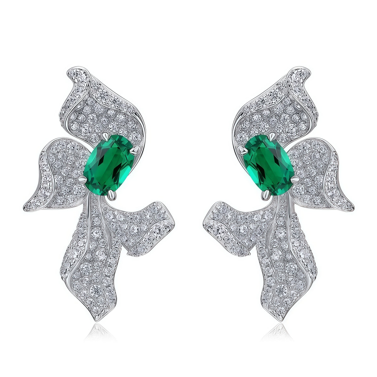 Premium Sculpted Bloom: 3D Floral Lab-Grown Emerald Earrings | 925 Silver