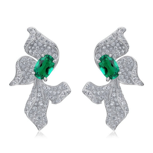 Sculpted Bloom: 3D Floral Lab-Grown Emerald Earrings | 925 Silver | Dapaza