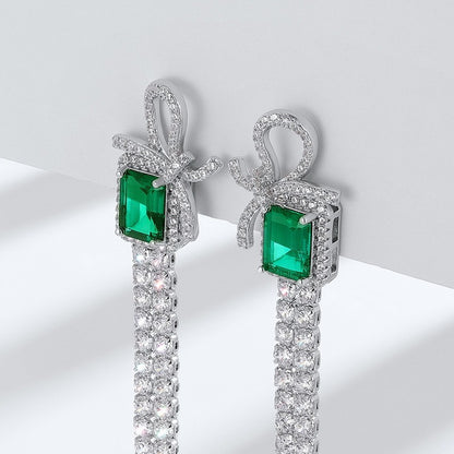 Sustainable 2.6CT Lab-Grown Emerald Bow Tassel Earrings | 71mm Drop - Dapaza Jewelry