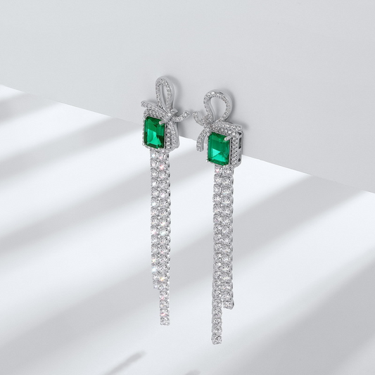 Sustainable 2.6CT Lab-Grown Emerald Bow Tassel Earrings | 71mm Drop Platinum Plated 925 Silver | Dapaza