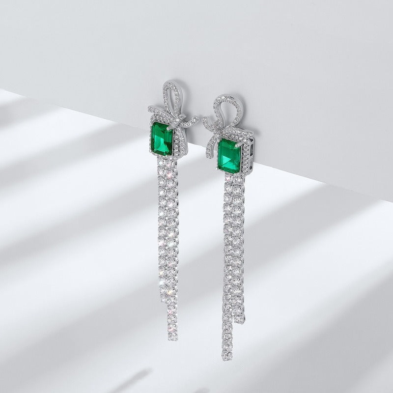Sustainable 2.6CT Lab-Grown Emerald Bow Tassel Earrings | 71mm Drop - Dapaza Jewelry
