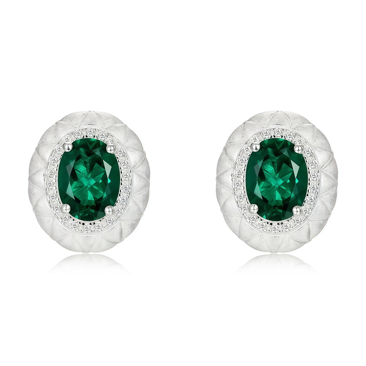 Premium Textured Geometry: Diamond-Pattern Engraved Emerald-Cut Emerald Stud Earrings | 925 Silver