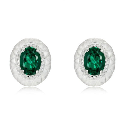 Premium Textured Geometry: Diamond-Pattern Engraved Emerald-Cut Emerald Stud Earrings | 925 Silver