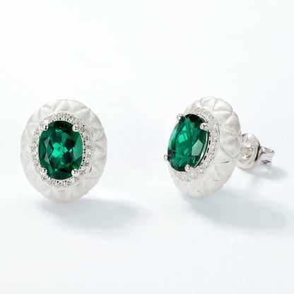 Premium Textured Geometry: Diamond-Pattern Engraved Emerald-Cut Emerald Stud Earrings | 925 Silver