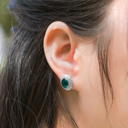 Premium Textured Geometry: Diamond-Pattern Engraved Emerald-Cut Emerald Stud Earrings | 925 Silver