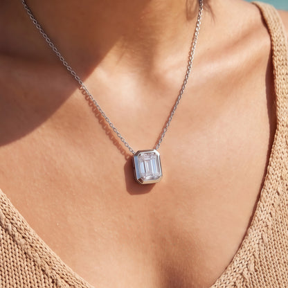 Vintage 1.18CT Emerald Cut CVD Lab Grown Diamond Bezel Pendant Necklace | S925 Sterling Silver Octagon Solicle Chain - Dapaza