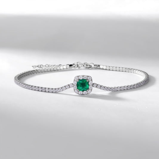 Vintage Deco: Emerald-Cut Lab-Grown Emerald Tennis Bracelet | 925 Silver | Dapaza