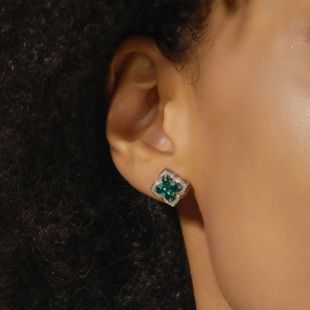 Premium Vintage Palace: Hollow Clover Lab-Grown Emerald Earrings | 14K Gold Plated 925 Silver