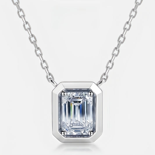 Vintage 1.18CT Emerald Cut CVD Lab Grown Diamond Bezel Pendant Necklace | S925 Sterling Silver Octagon Solicle Chain - Dapaza