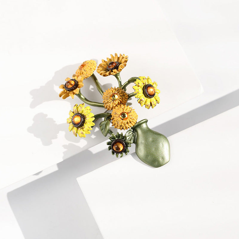 Vintage Van Gogh Sunflower Brooch Enamel Vase Pin Apparel Gift Corsage