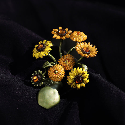 Vintage Van Gogh Sunflower Brooch Enamel Vase Pin Apparel Gift Corsage