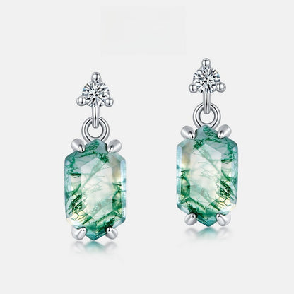 Geometric Hexagon Natural Moss Agate Drop Earrings - S925 Sterling Silver