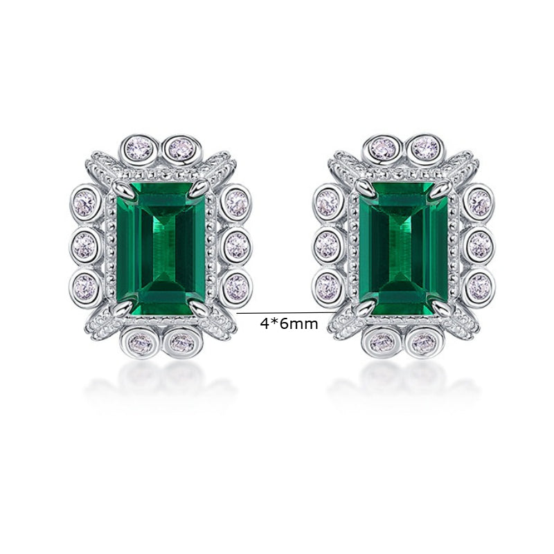 Geometric Lab-Grown Emerald Stud Earrings - S925 Sterling Silver Halo Design