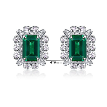 Geometric Lab-Grown Emerald Stud Earrings - S925 Sterling Silver Halo Design