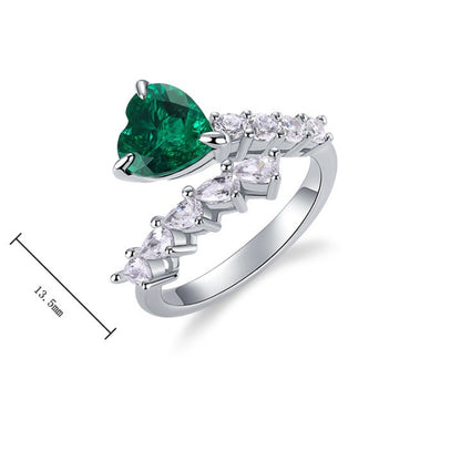 Heart-Shaped Lab-Grown Emerald Adjustable Ring - S925 Sterling Silver Bypass Band