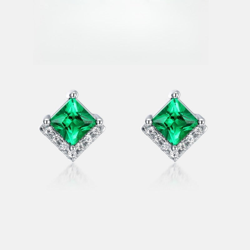 Lab-Grown Emerald Square Halo Stud Earrings - S925 Sterling Silver