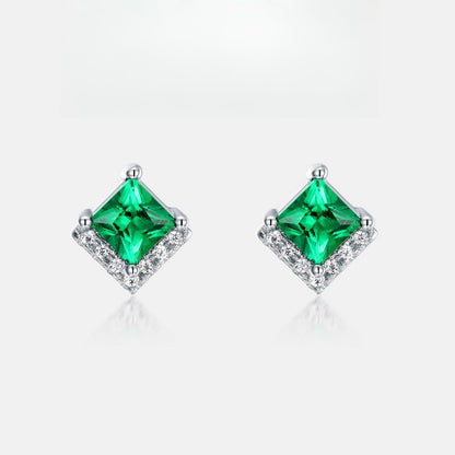 Lab-Grown Emerald Square Halo Stud Earrings - S925 Sterling Silver