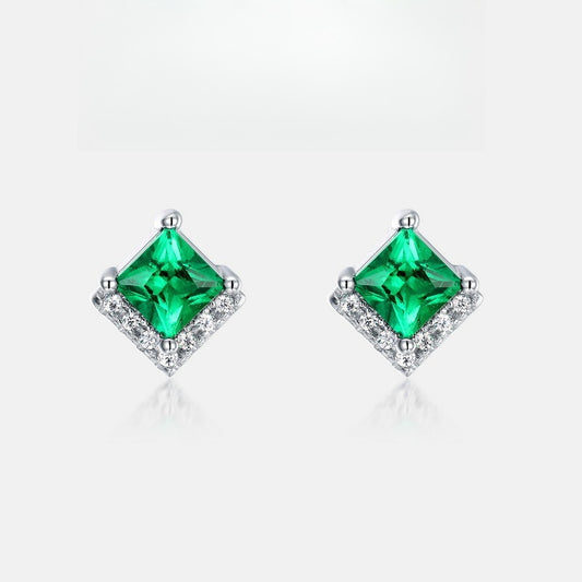 Lab-Grown Emerald Square Halo Stud Earrings - S925 Sterling Silver