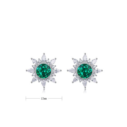 Lab-Grown Emerald Sunflower Stud Earrings - S925 Sterling Silver Halo Design