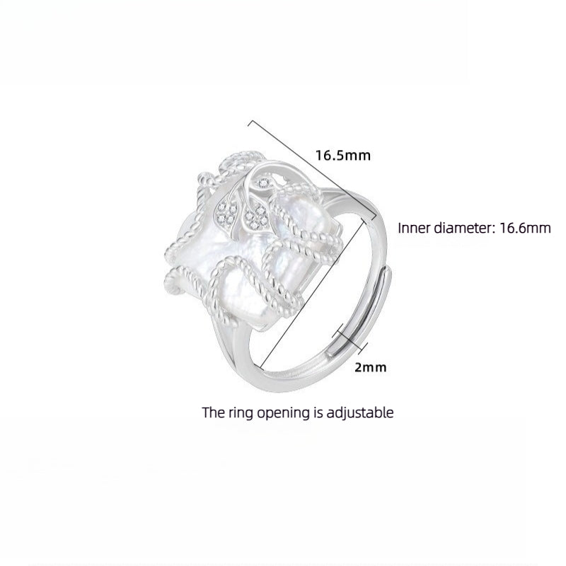 S925 Sterling Silver Baroque Pearl Ring – Geometric Square Open Adjustable Ring for Women
