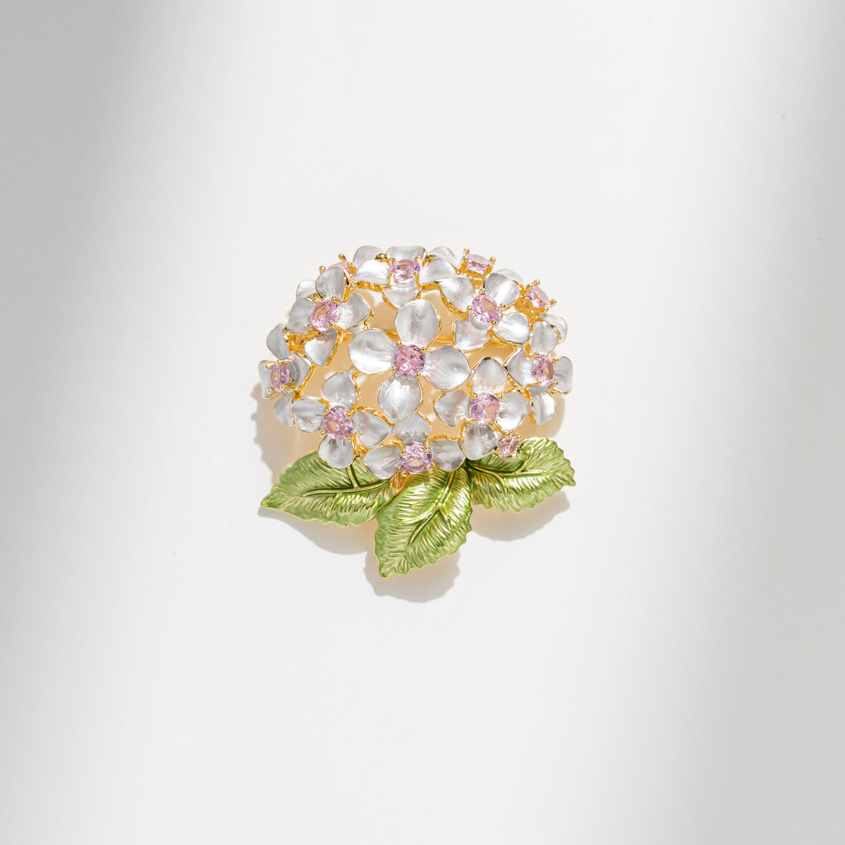 Vintage Enamel Hydrangea Brooch – Crystal & Zircon Copper Floral Pin