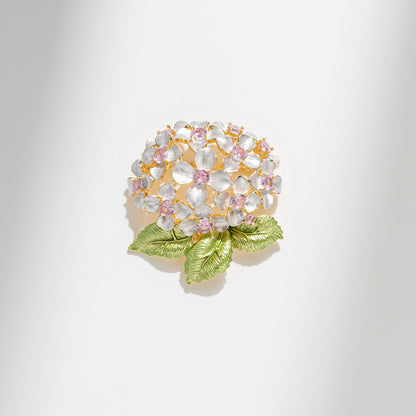 Vintage Enamel Hydrangea Brooch – Crystal & Zircon Copper Floral Pin
