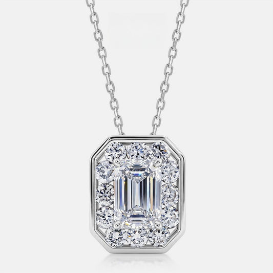Luxury 1.44CT Emerald Cut CVD Lab Grown Diamond Halo Pendant Necklace | S925 Sterling Silver Octagon Bezel Clavicle Chain - Dapaza