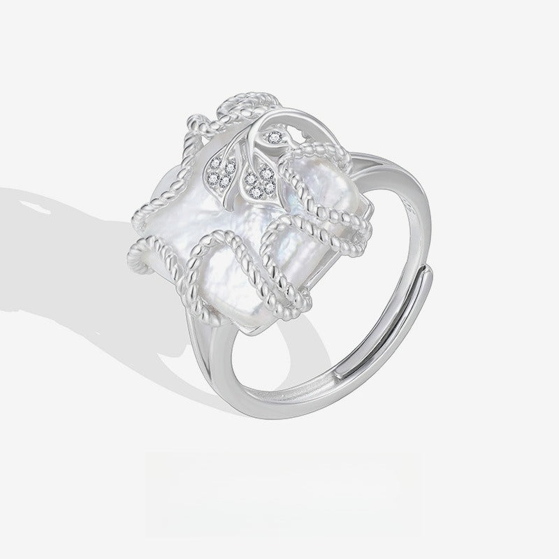 S925 Sterling Silver Baroque Pearl Ring – Geometric Square Open Adjustable Ring for Women